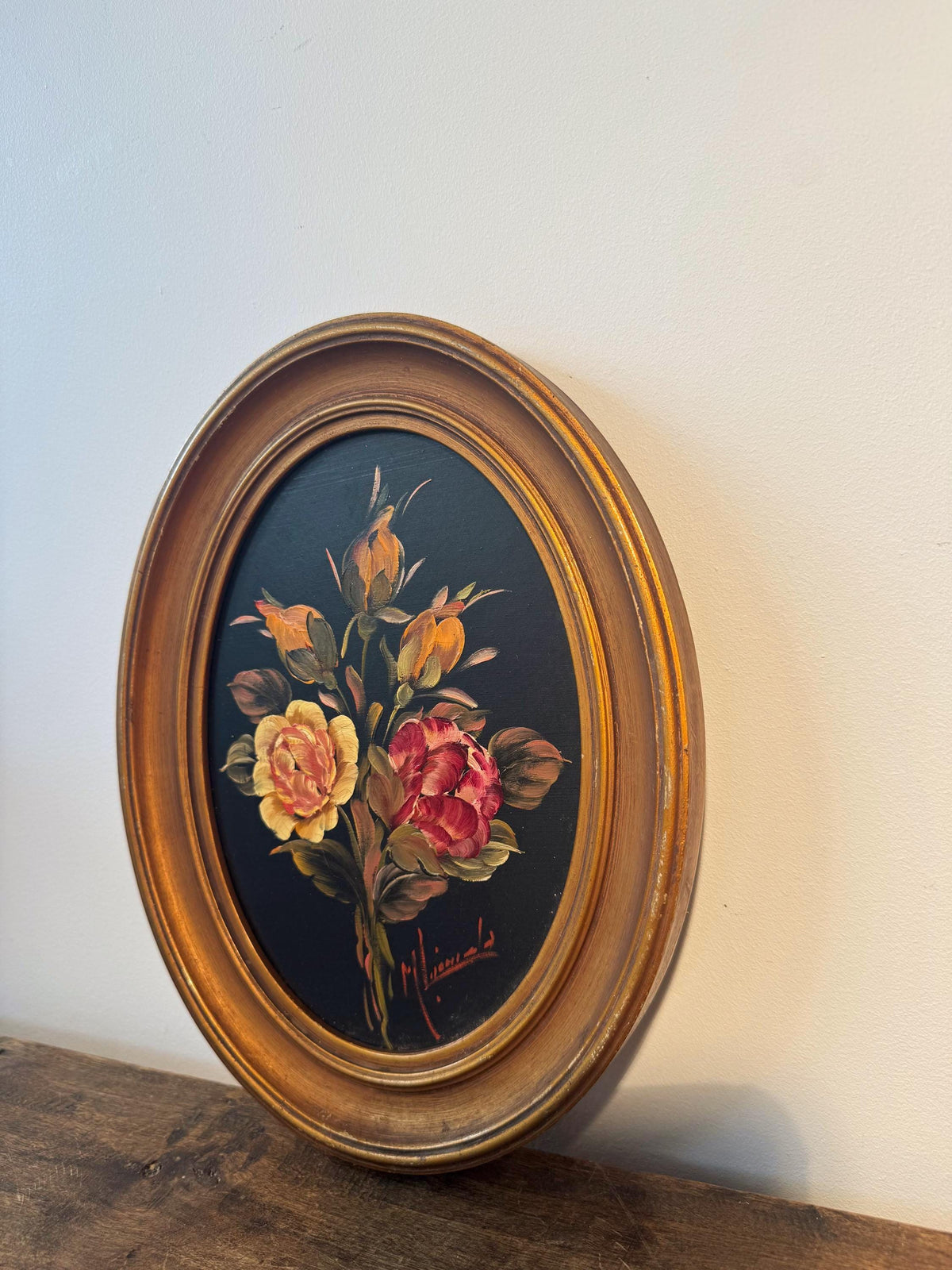 Peinture fleurs oval tableau doré