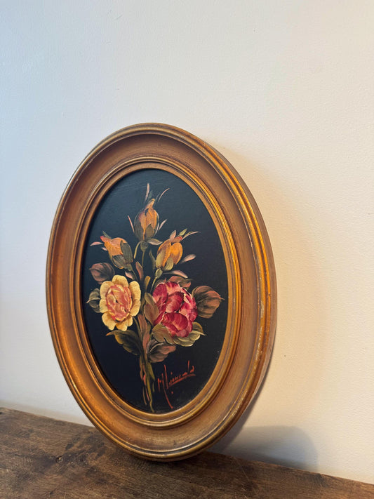 Peinture fleurs oval tableau doré