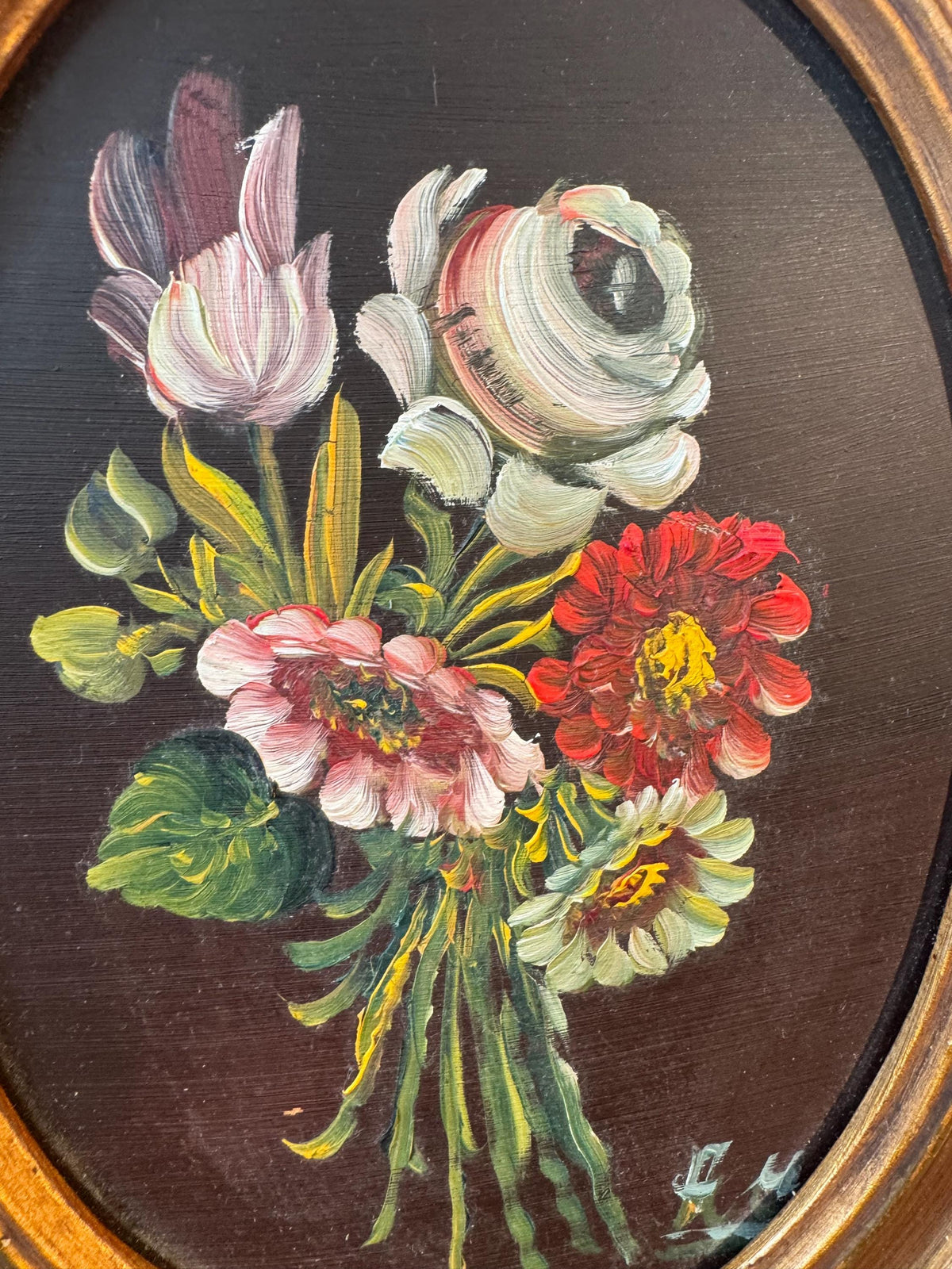 Peintures fleurs tableaux ovales doré