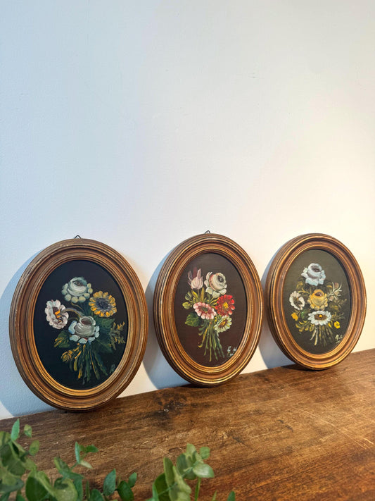 Peintures fleurs tableaux ovales doré