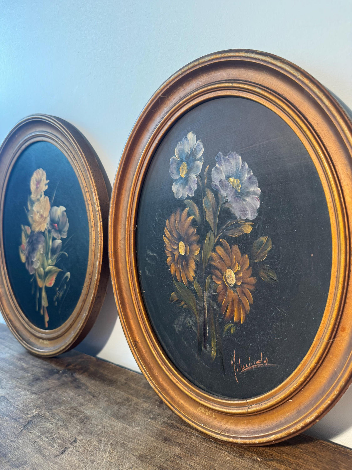 Tableau rond fleur peinture cadre doré
