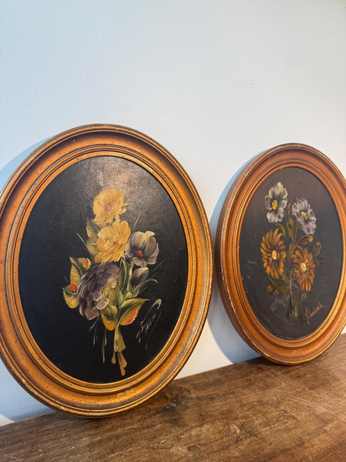 Tableau rond fleur peinture cadre doré