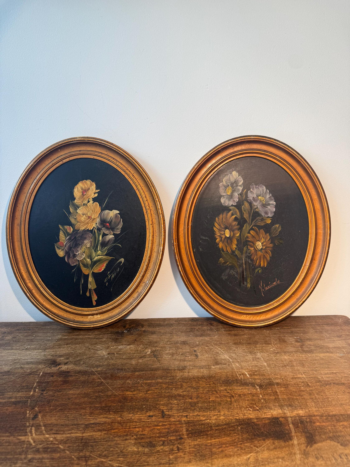 Tableau rond fleur peinture cadre doré