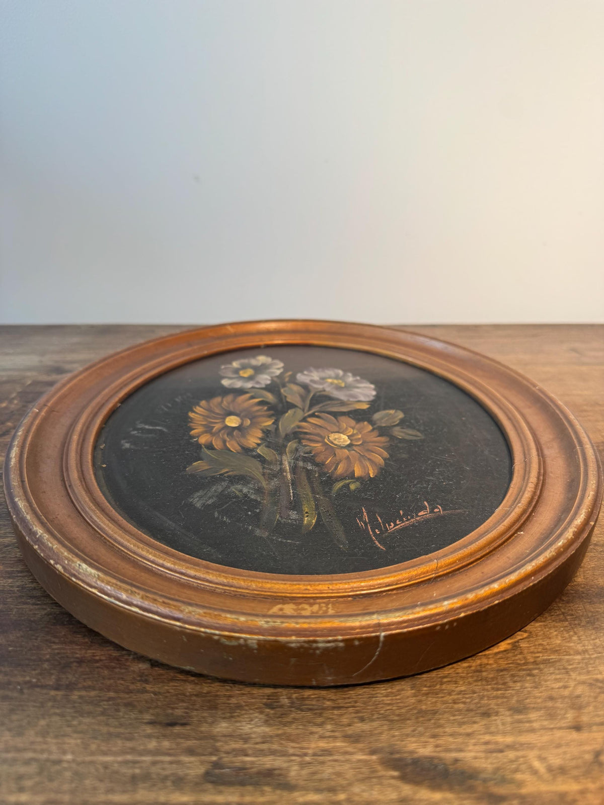 Tableau rond fleur peinture cadre doré