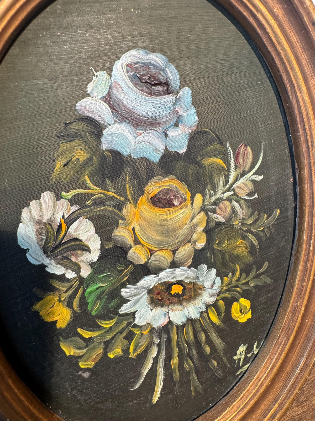 Peintures fleurs tableaux ovales doré