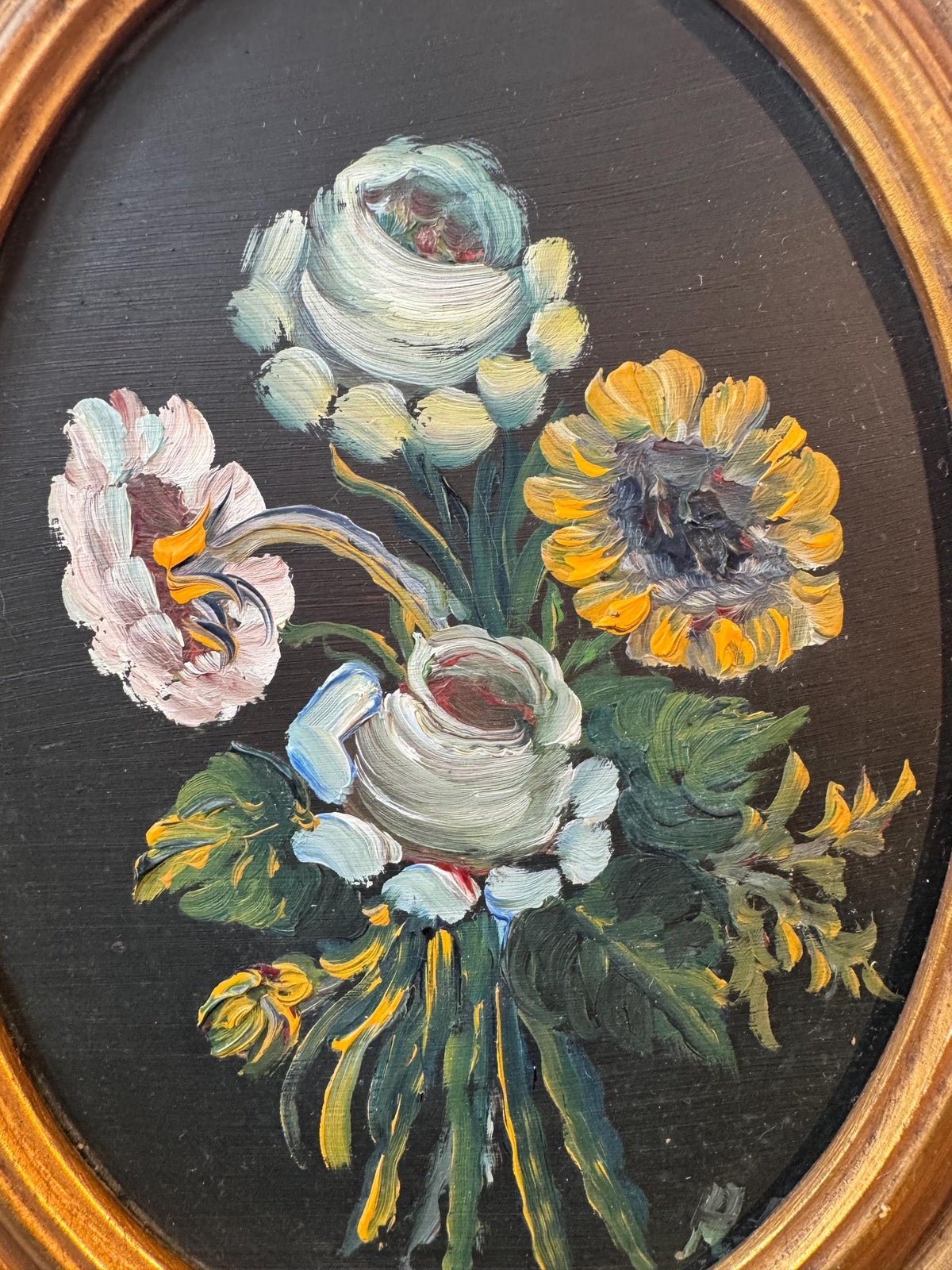Peintures fleurs tableaux ovales doré