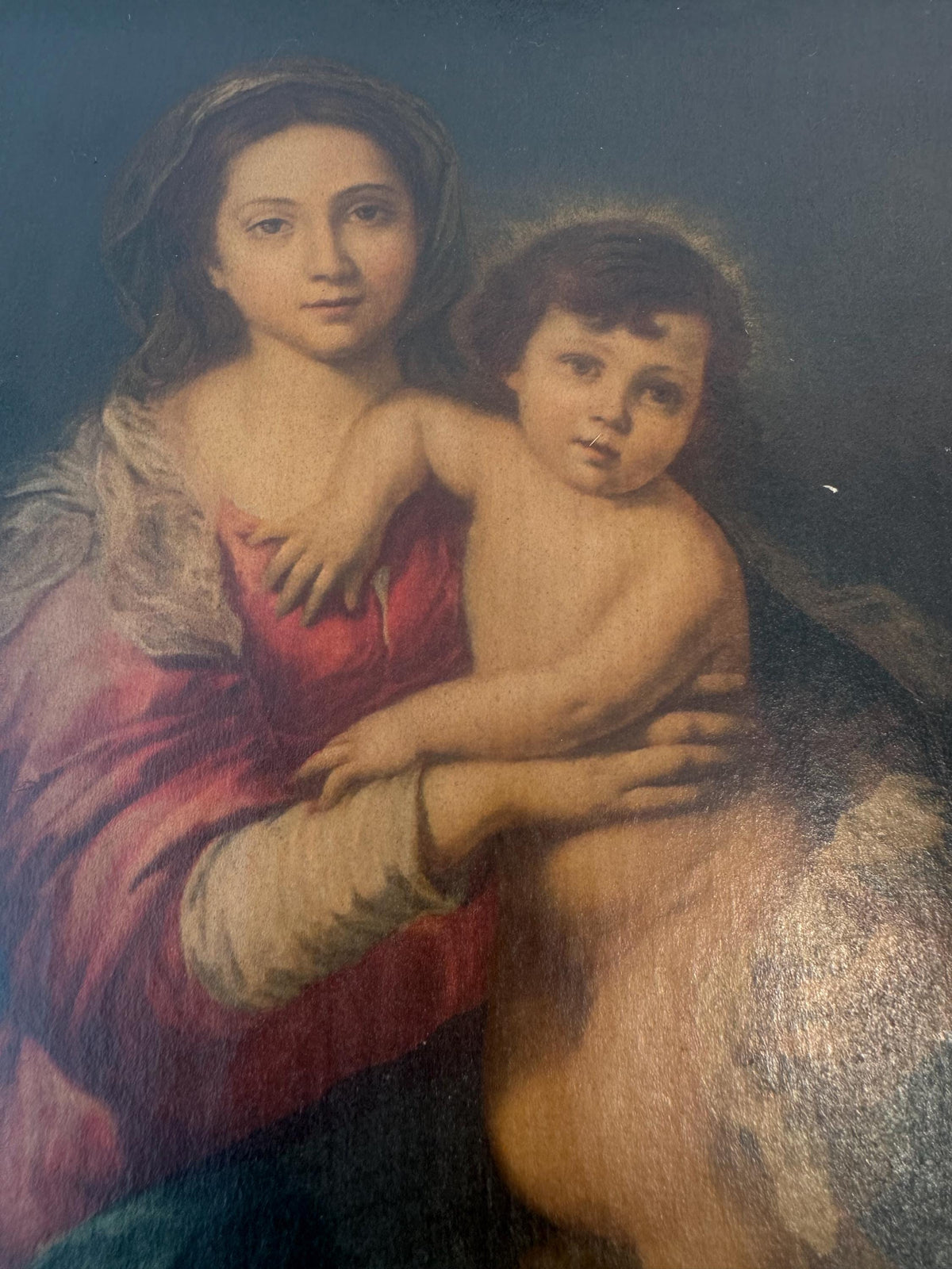 Tableau ancien Vierge à l’Enfant – cadre bois peint bleu et doré – art religieux vintage