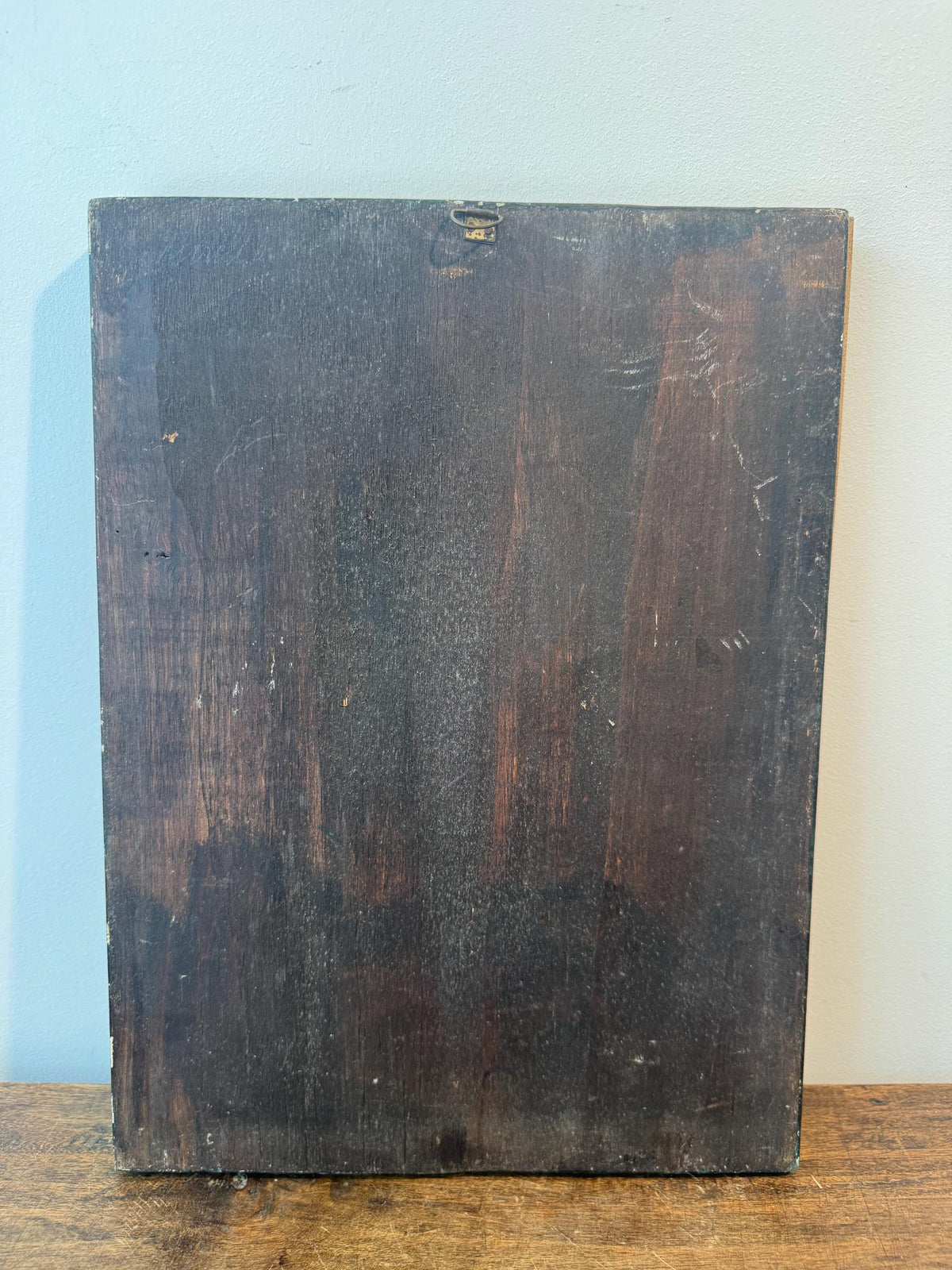 Tableau ancien Vierge à l’Enfant – cadre bois peint bleu et doré – art religieux vintage