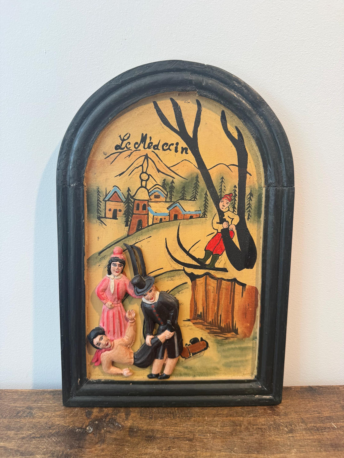 Lot de 5 tableaux vintage en bois – métiers anciens – art populaire – personnages en relief