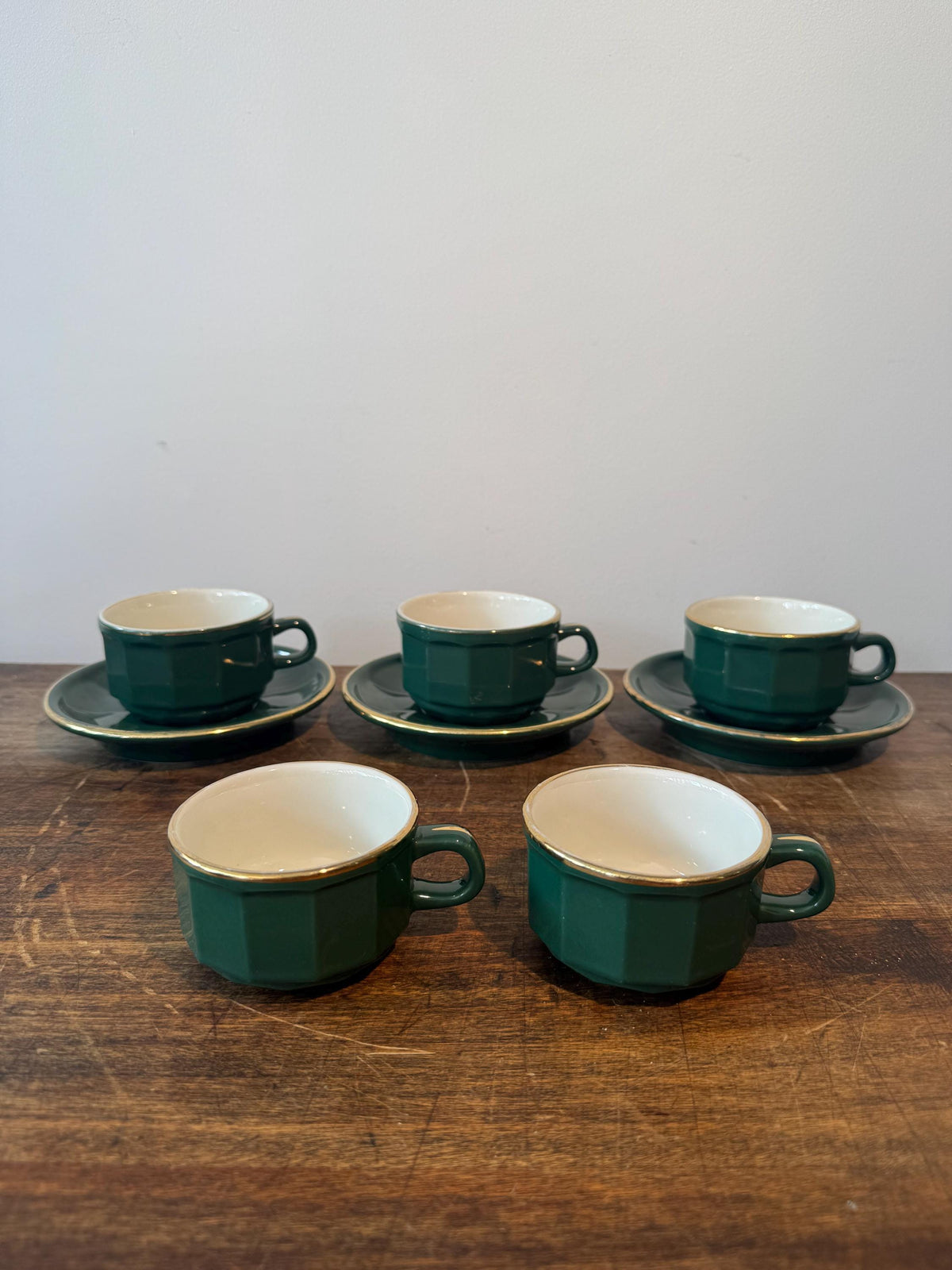 Service à café vintage Revol – Céramique vert foncé et doré – Vaisselle française