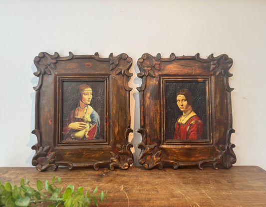Paire de tableaux vintage Léonard de Vinci – La Dame à l’hermine & La Belle Ferronnière – Cadres bois sculpté