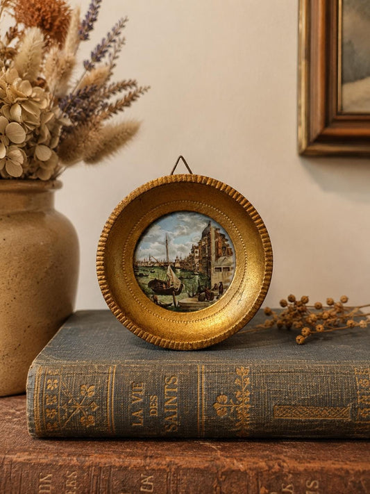Mini cadre rond doré vintage – Vue de Venise – Gondole – Décoration murale italienne