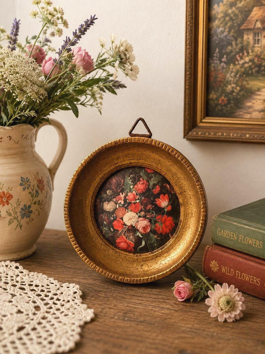 Petit cadre rond doré vintage – Fleurs anciennes – Mini tableau floral – Décoration murale romantique
