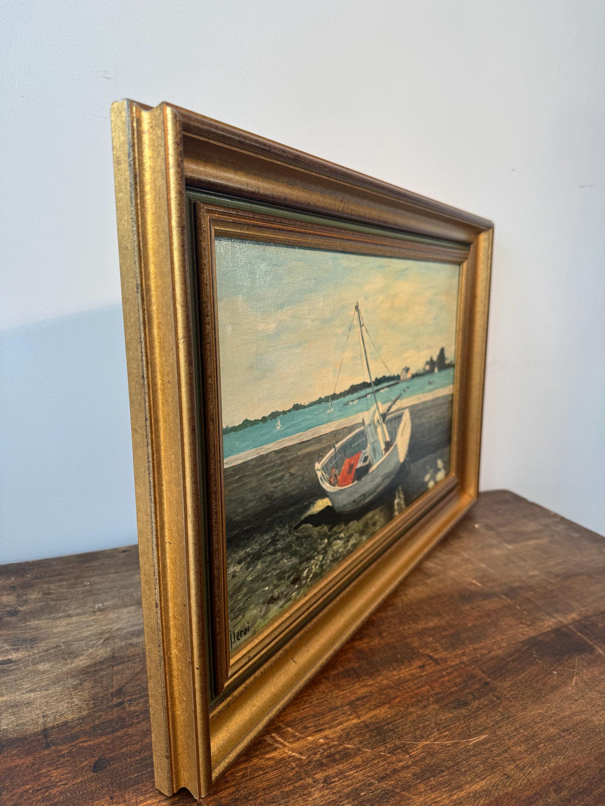 Tableau marin vintage signé – Peinture à l’huile sur toile – Bateau de pêche – Marine française – Cadre doré ancien