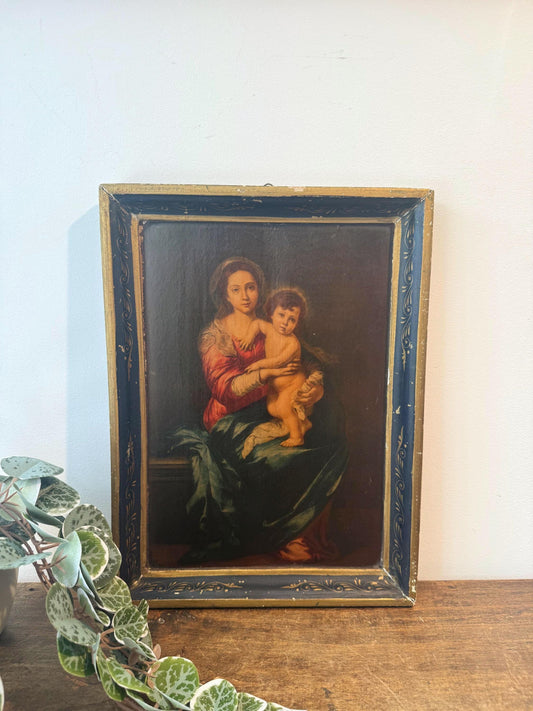 Tableau ancien Vierge à l’Enfant – cadre bois peint bleu et doré – art religieux vintage