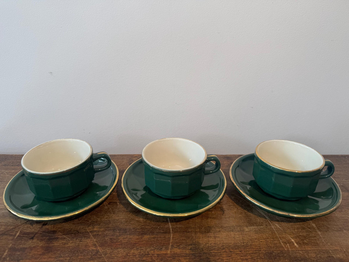 Service à café vintage Revol – Céramique vert foncé et doré – Vaisselle française
