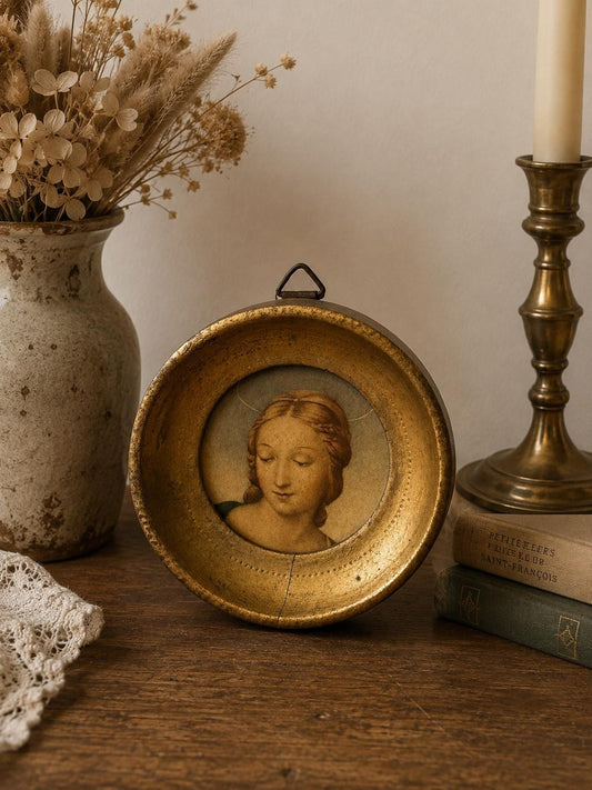 Mini cadre rond doré vintage – Portrait de femme – Petite miniature murale – Décoration ancienne
