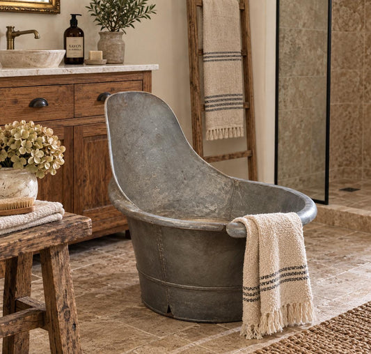 Baignoire enfant ancienne en métal galvanisé – Bassine vintage française – Déco campagne & salle de bain