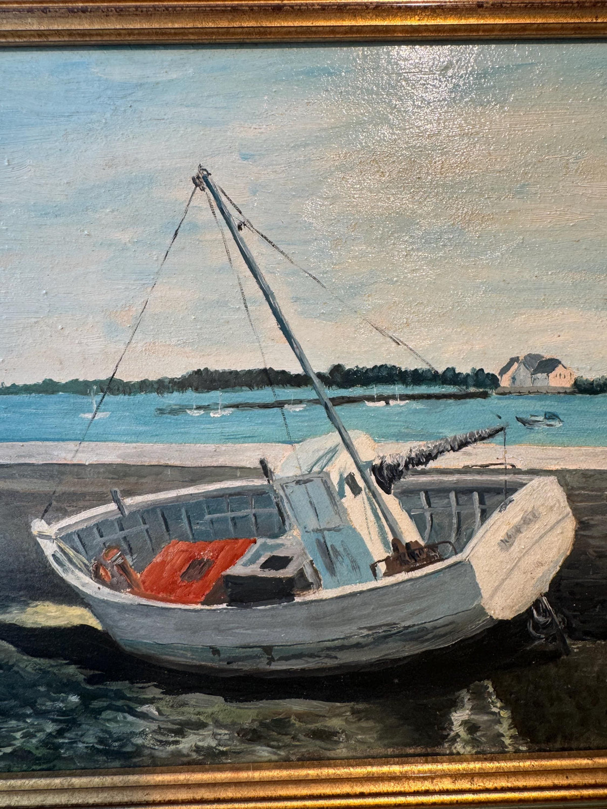 Tableau marin vintage signé – Peinture à l’huile sur toile – Bateau de pêche – Marine française – Cadre doré ancien