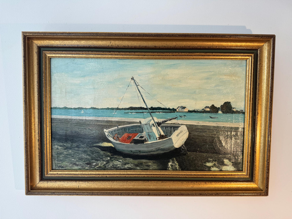 Tableau marin vintage signé – Peinture à l’huile sur toile – Bateau de pêche – Marine française – Cadre doré ancien