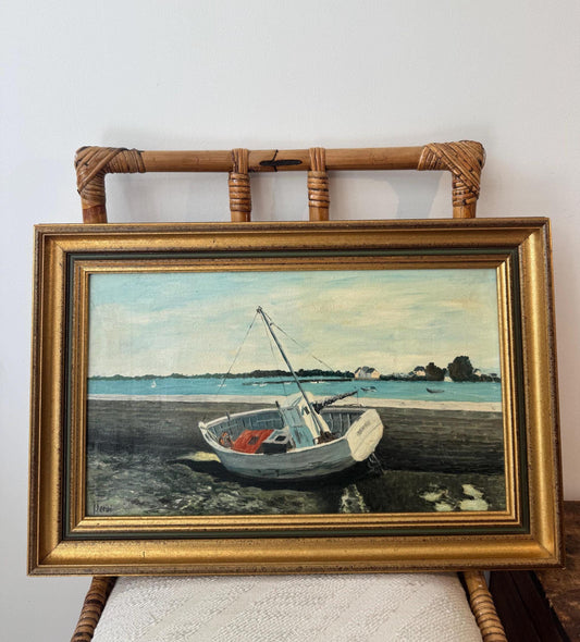 Tableau marin vintage signé – Peinture à l’huile sur toile – Bateau de pêche – Marine française – Cadre doré ancien