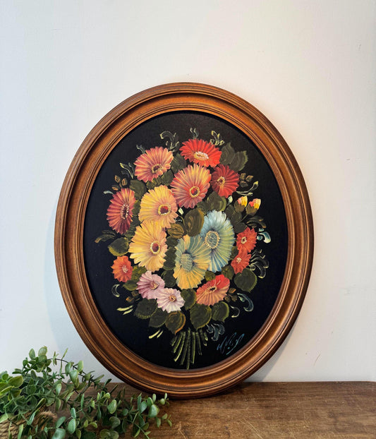 Tableau floral vintage ovale – Bouquet de fleurs peint – Grand cadre en bois – Peinture fleurs colorées – Décoration cottagecore